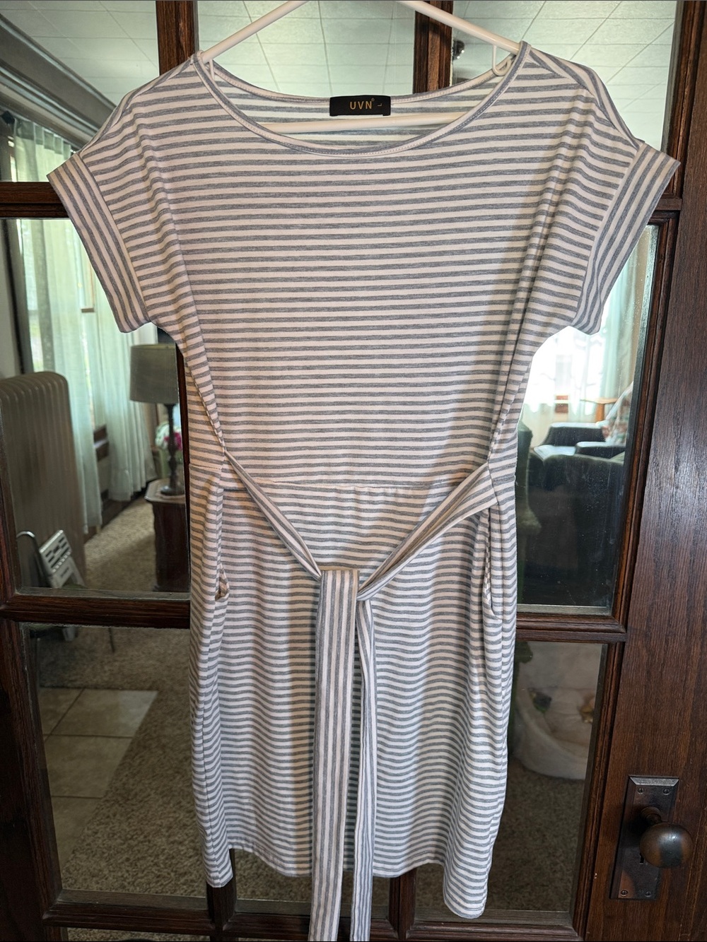 UVN Grey White Striped T-Shirt‎ Dress Large Tie Waist Pockets Short Sleeve Crew